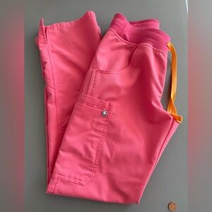 FIGS Pink Cargo Scrub Pants with Orange Drawstring